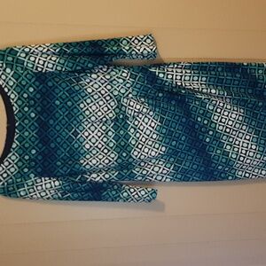 Jessica Howard Teal, Turquoise & White Geometric Midi Dress with 3/4 Sleeves